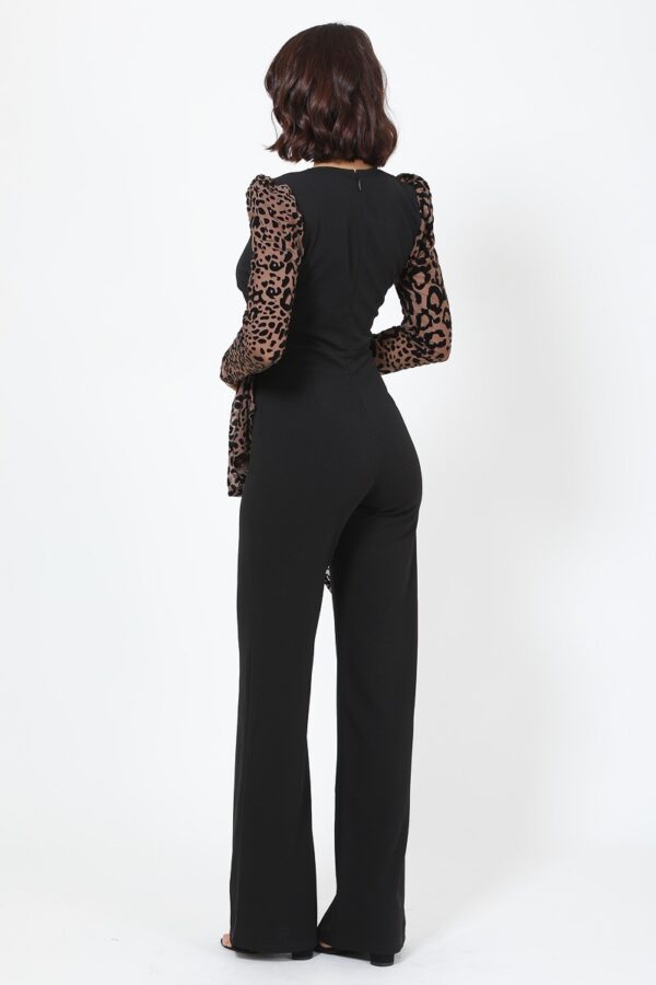 Plunging V Leopard Jumpsuit with Buckle – Black/Mocha