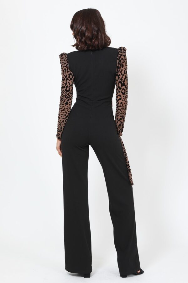Plunging V Leopard Jumpsuit with Buckle – Black/Mocha