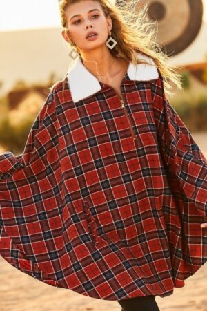 Plaid Poncho – Mock Neck with Zipper Contrast, Rust
