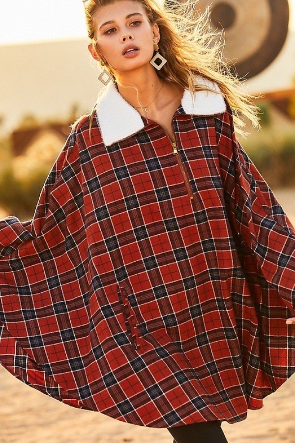 Plaid Poncho – Mock Neck with Zipper Contrast, Rust