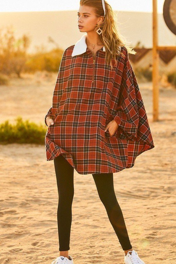 Plaid Poncho – Mock Neck with Zipper Contrast, Rust