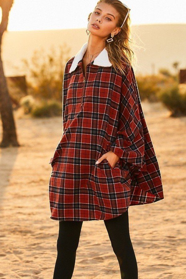 Plaid Poncho – Mock Neck with Zipper Contrast, Rust