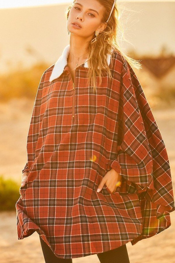 Plaid Poncho – Mock Neck with Zipper Contrast, Rust