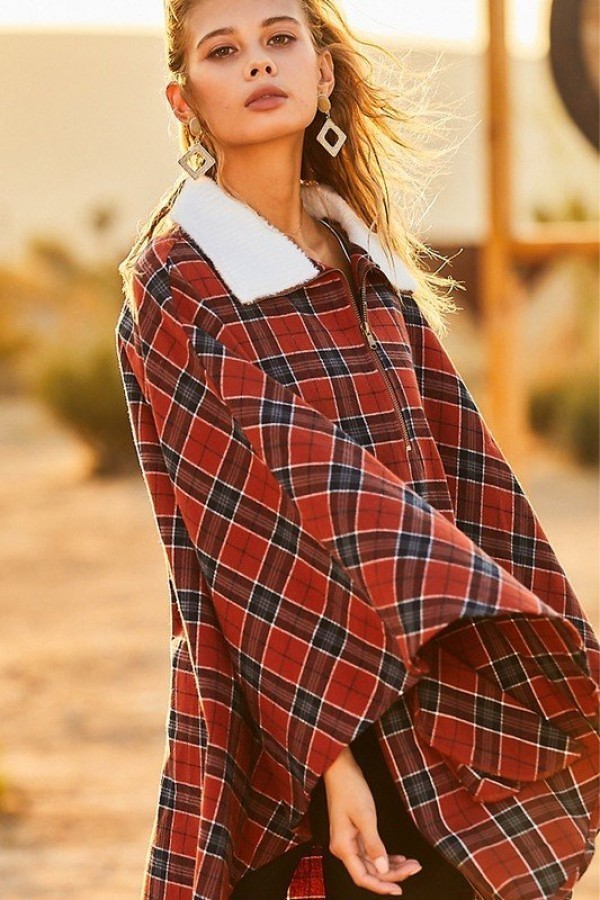 Plaid Poncho – Mock Neck with Zipper Contrast, Rust