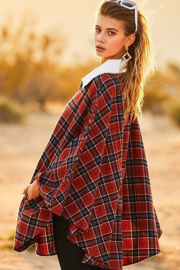 Plaid Poncho – Mock Neck with Zipper Contrast, Rust