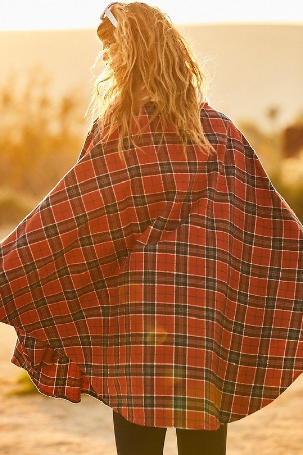 Plaid Poncho – Mock Neck with Zipper Contrast, Rust