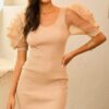 V-Neck Lace Bodycon Midi Dress with Bubble Sleeves – Taupe