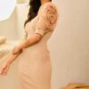V-Neck Lace Bodycon Midi Dress with Bubble Sleeves – Taupe