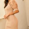 V-Neck Lace Bodycon Midi Dress with Bubble Sleeves – Taupe
