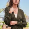 Overwrap Front-Button Long Sleeve Knit Top – Olive