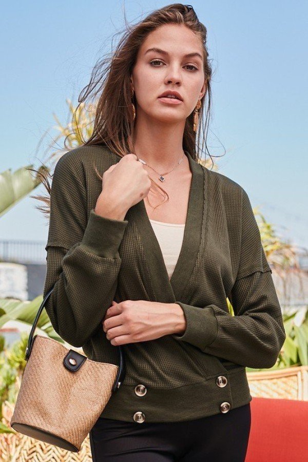 Overwrap Front-Button Long Sleeve Knit Top – Olive
