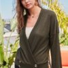 Overwrap Front-Button Long Sleeve Knit Top – Olive