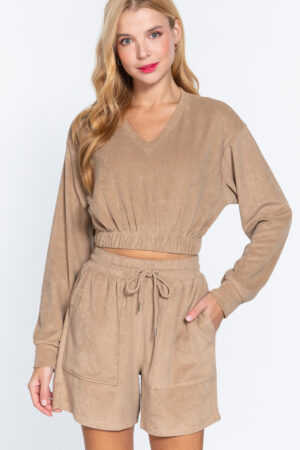 Terry Toweling Long-Sleeve Top with Elastic Hem – Mocha