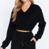 Terry Towelling V-Neck Top with Elastic Hem – Black