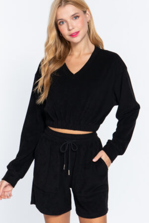 Terry Towelling V-Neck Top with Elastic Hem – Black