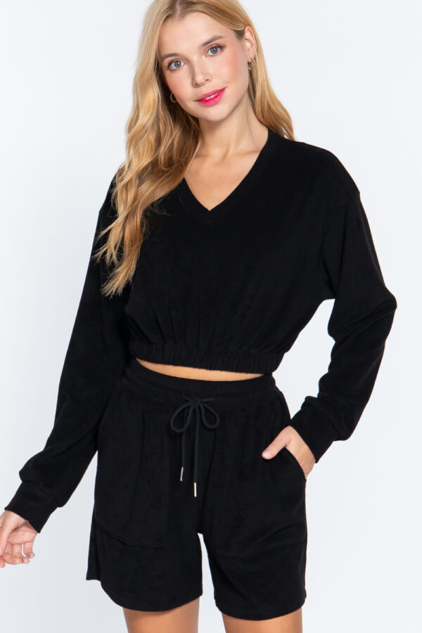 Terry Towelling V-Neck Top with Elastic Hem – Black