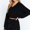 Terry Towelling V-Neck Top with Elastic Hem – Black