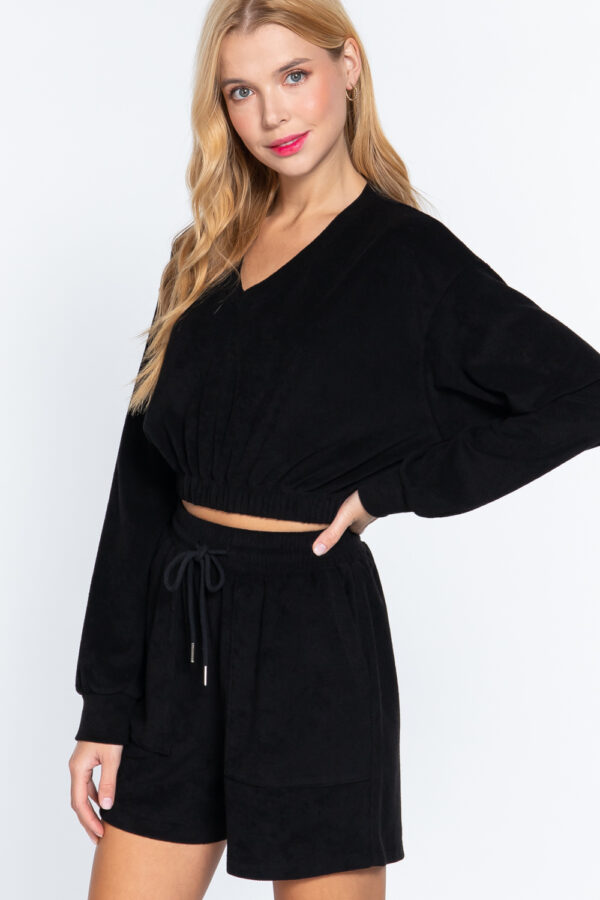 Terry Towelling V-Neck Top with Elastic Hem – Black