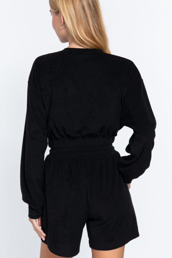 Terry Towelling V-Neck Top with Elastic Hem – Black