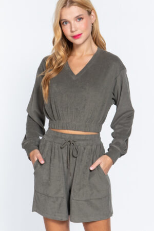 Terry Towelling Top with Elastic Hem – Olive