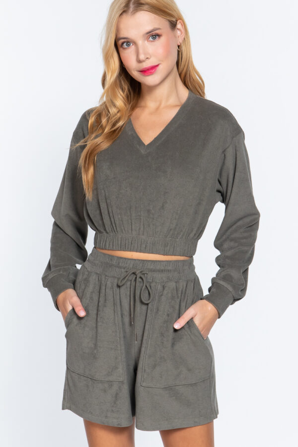Terry Towelling Top with Elastic Hem – Olive