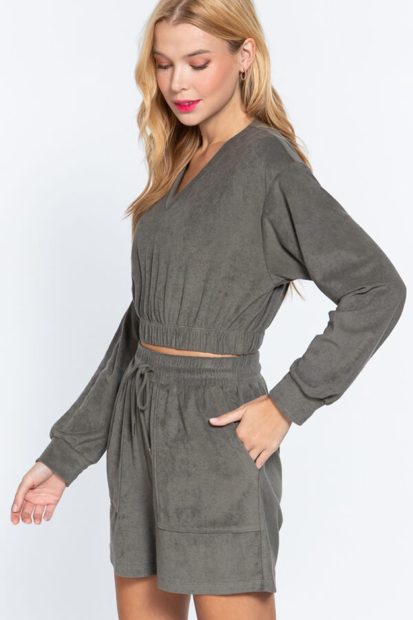 Terry Towelling Top with Elastic Hem – Olive