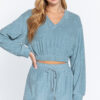 Terry Towelling V-Neck Top with Elastic Hem – Stone Blue