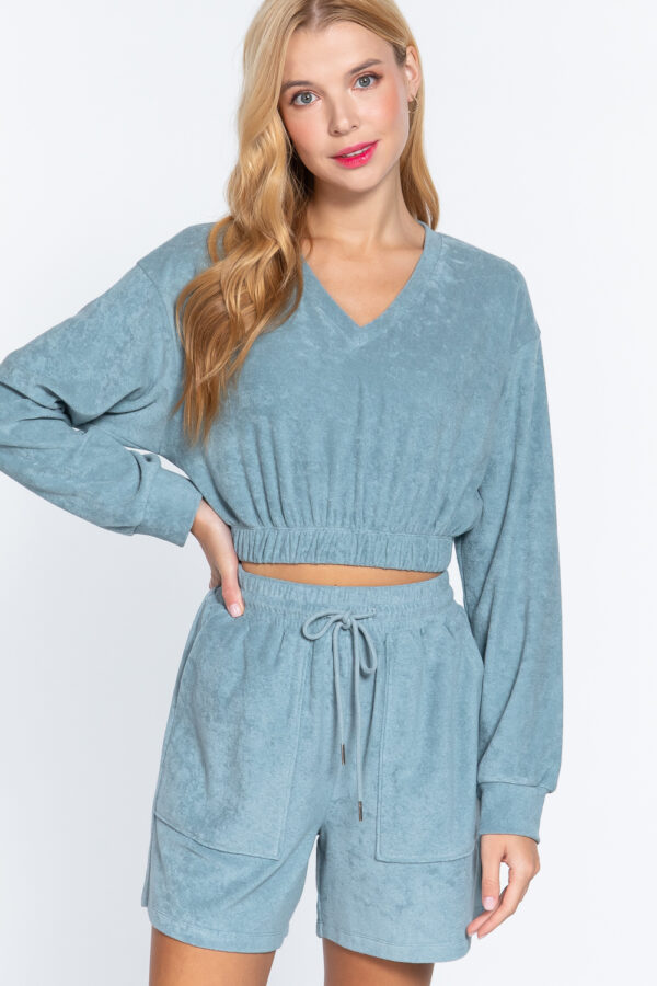 Terry Towelling V-Neck Top with Elastic Hem – Stone Blue