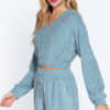 Terry Towelling V-Neck Top with Elastic Hem – Stone Blue