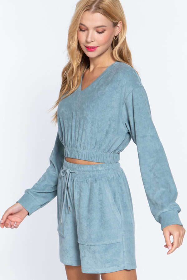 Terry Towelling V-Neck Top with Elastic Hem – Stone Blue