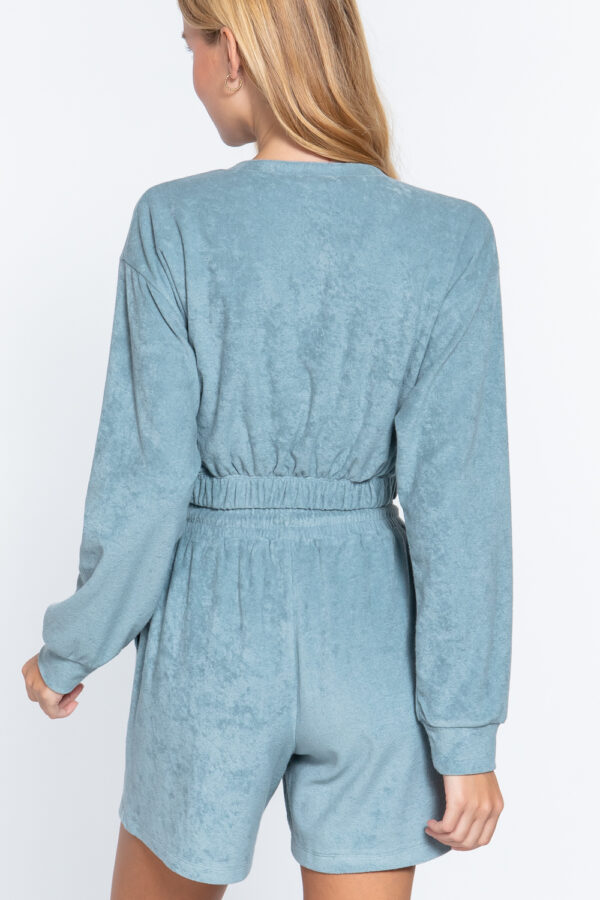 Terry Towelling V-Neck Top with Elastic Hem – Stone Blue