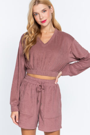 Terry Toweling V-Neck Top with Elastic Hem – Vintage Pink