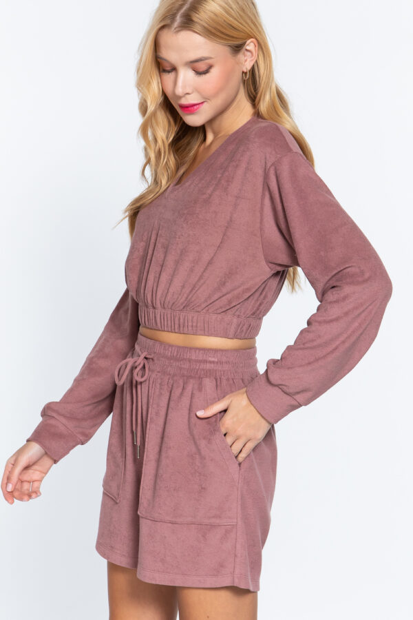 Terry Toweling V-Neck Top with Elastic Hem – Vintage Pink