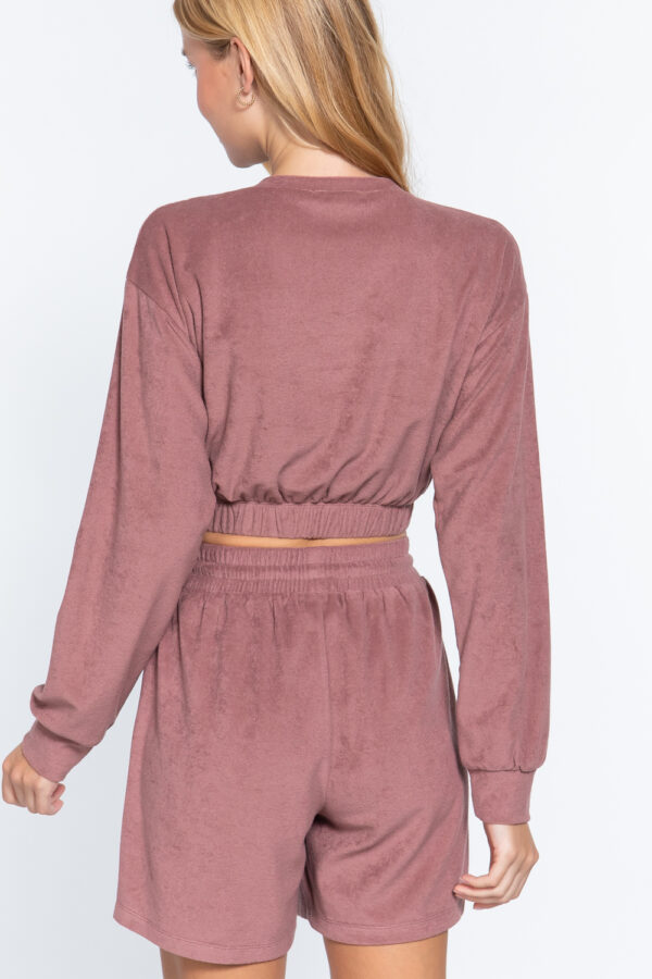 Terry Toweling V-Neck Top with Elastic Hem – Vintage Pink