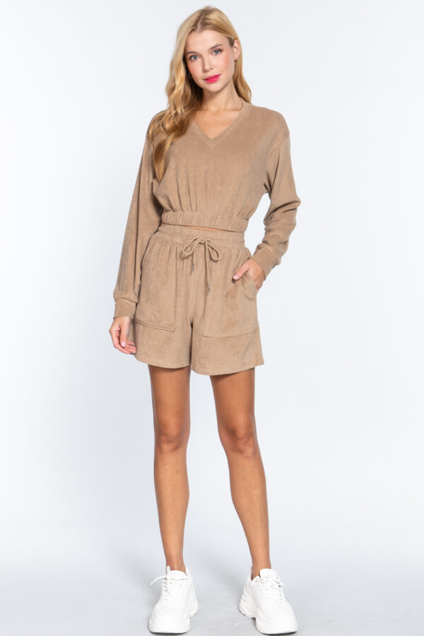 Terry Toweling Long-Sleeve Top with Elastic Hem – Mocha