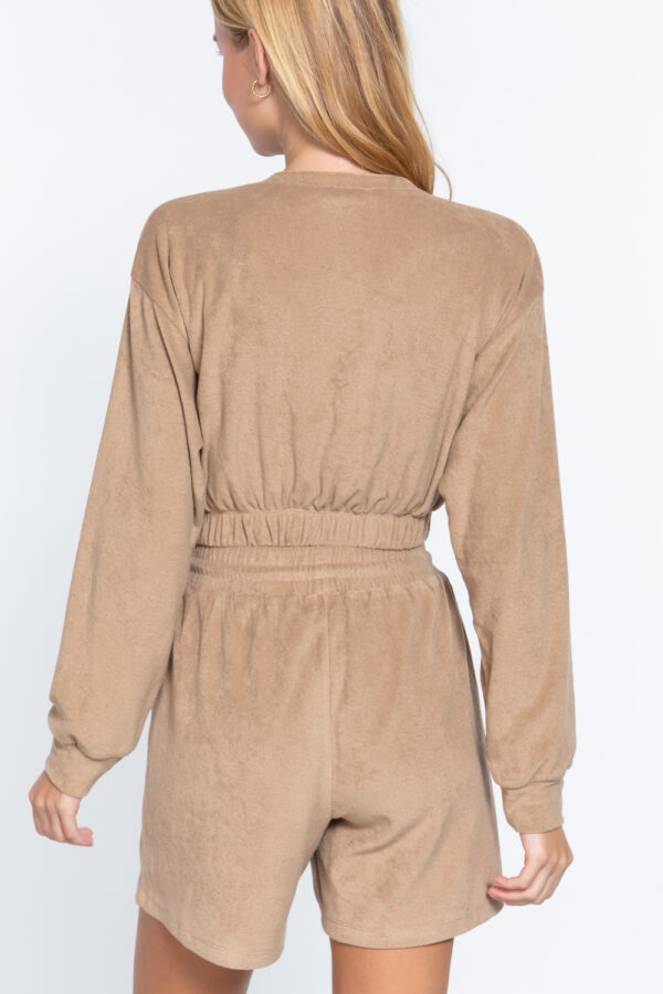 Terry Toweling Long-Sleeve Top with Elastic Hem – Mocha