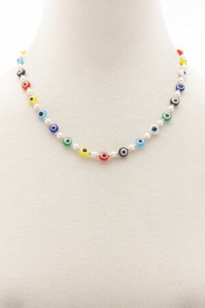 Evil Eye Pearl Bead Necklace – Multi-Blue-Red
