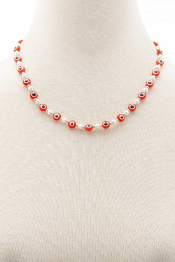 Evil Eye Pearl Bead Necklace – Multi-Blue-Red