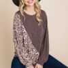 Cute Animal French Terry Pullover with Contrast Cuffs – Brown