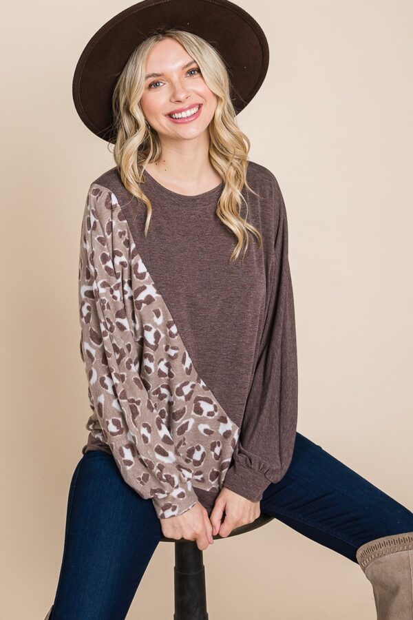 Cute Animal French Terry Pullover with Contrast Cuffs – Brown