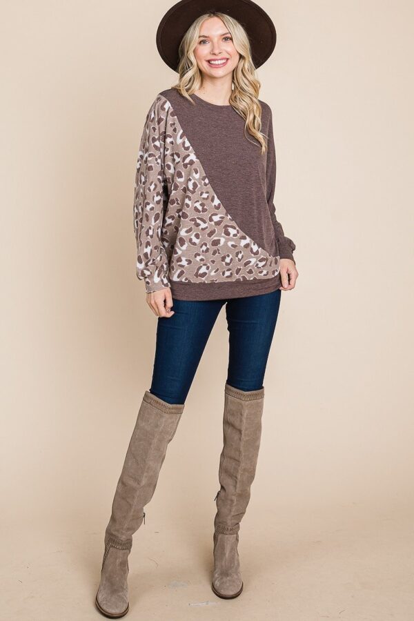 Cute Animal French Terry Pullover with Contrast Cuffs – Brown