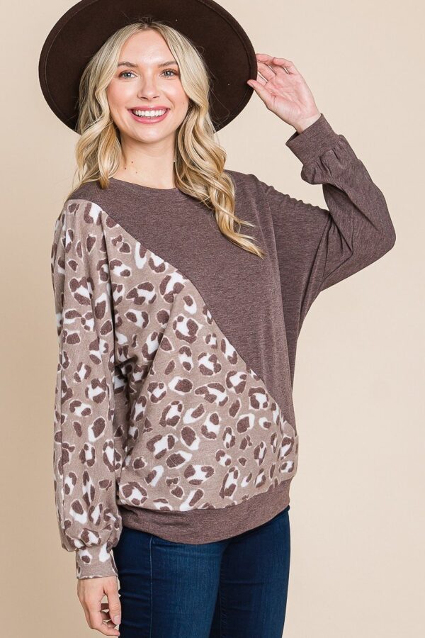Cute Animal French Terry Pullover with Contrast Cuffs – Brown