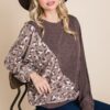 Cute Animal French Terry Pullover with Contrast Cuffs – Brown