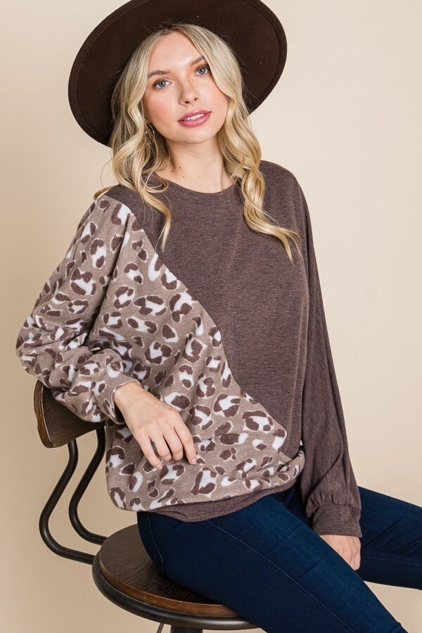 Cute Animal French Terry Pullover with Contrast Cuffs – Brown
