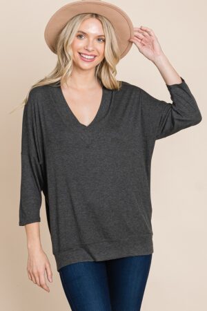 Ribbed Modal Dolman 3/4-Sleeve Top – Charcoal
