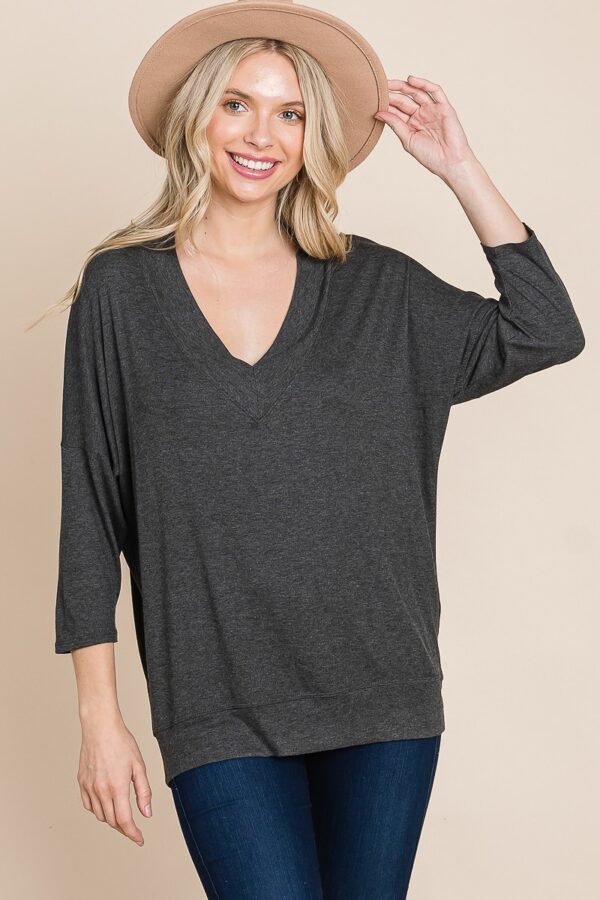Ribbed Modal Dolman 3/4-Sleeve Top – Charcoal