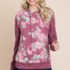 Floral Contrast Hoodie with Cuff Detail – Burgundy