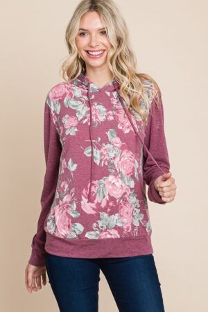 Floral Contrast Hoodie with Cuff Detail – Burgundy