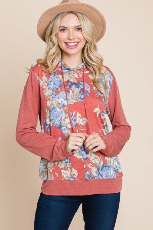 Floral Contrast Hoodie with Cuff Detail – Rust