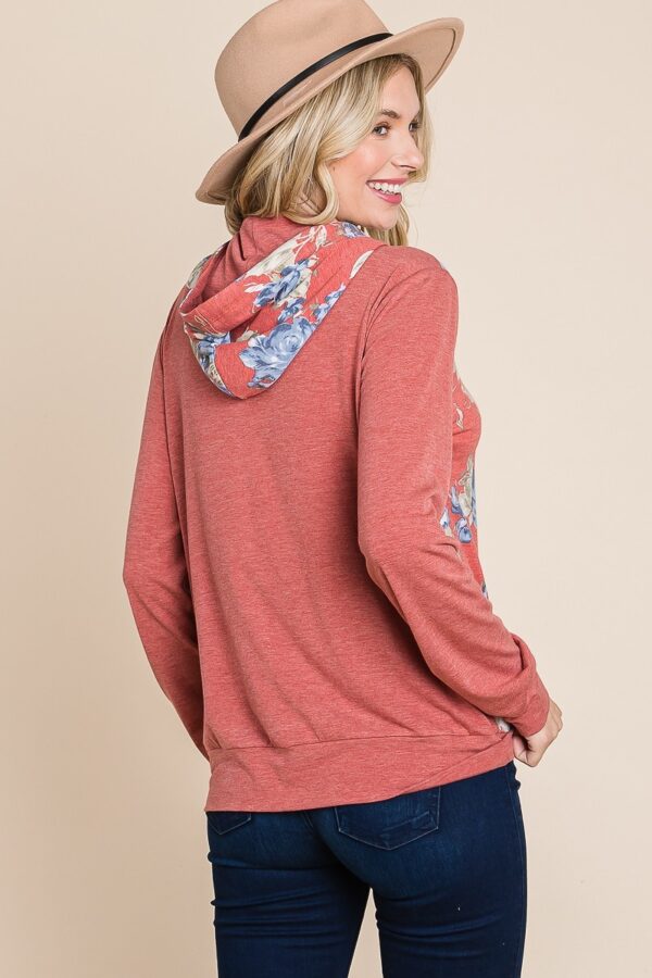 Floral Contrast Hoodie with Cuff Detail – Rust